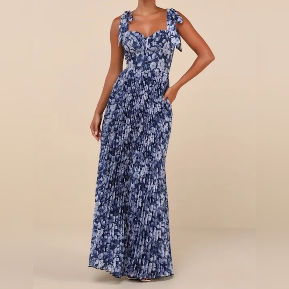 Lulus Illustrious Aura Navy Blue Floral Bustier Tie-Strap Maxi Dress, Size XS - Picture 1 of 15